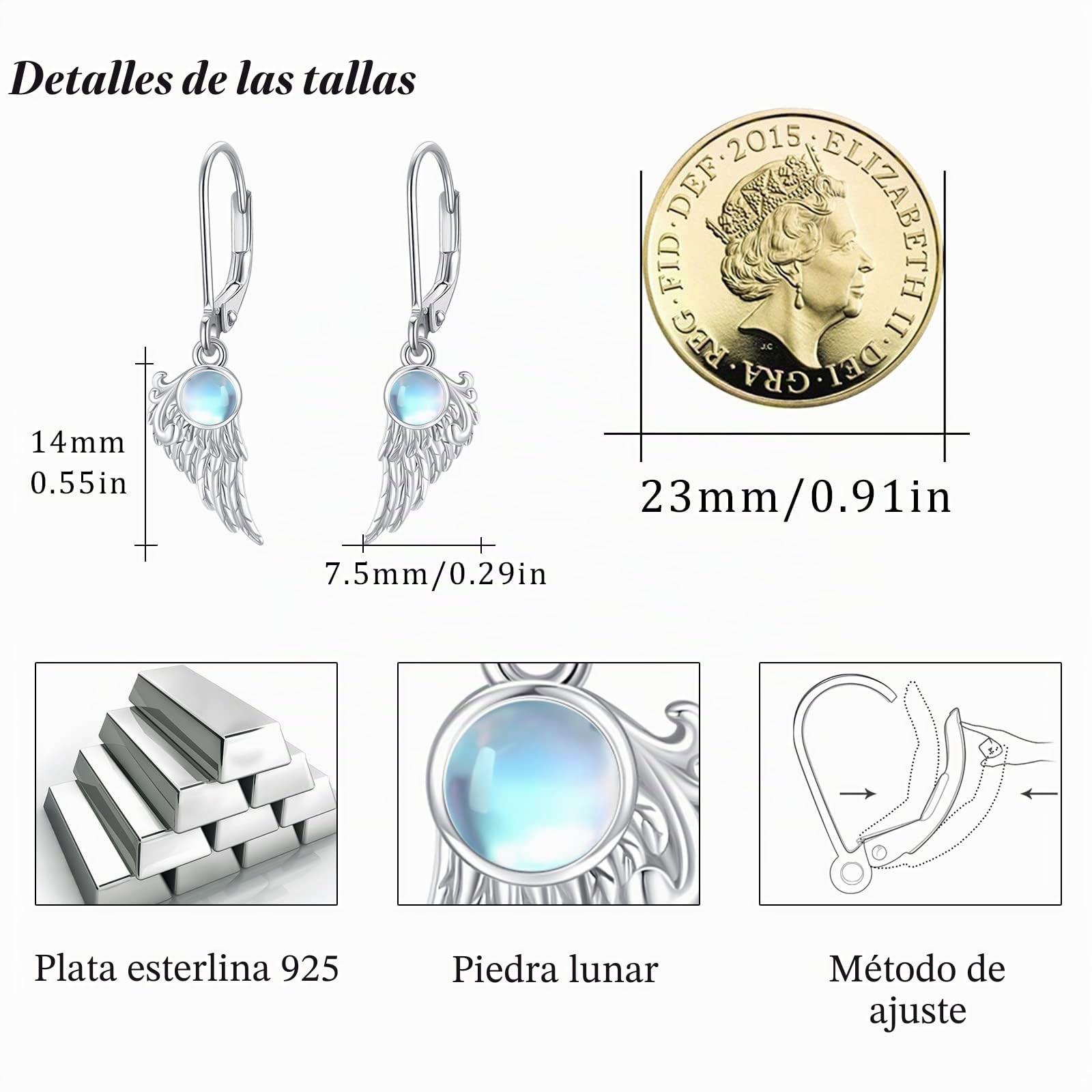 Pendientes de alas de ángel de plata de ley 925 con alas de ángel de la guarda, aretes colgantes de ángel de la guarda con piedra lunar, regalos de joyería para mujeres y niñas