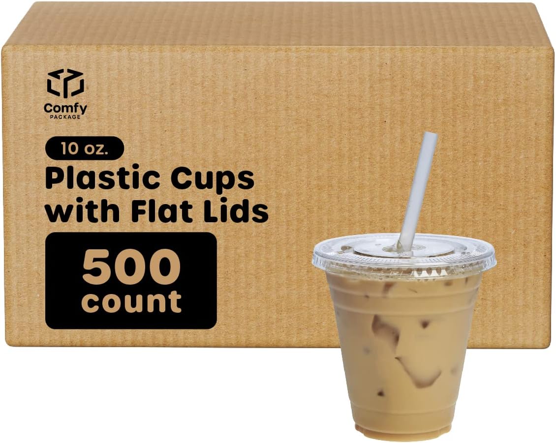Comfy Package [Case of 500 10 oz. Clear Plastic Cups With Lids, Disposable Coffee Cups with Flat Lids - Ideal for Cold Beverages, Smoothies, and To-Go Drinks