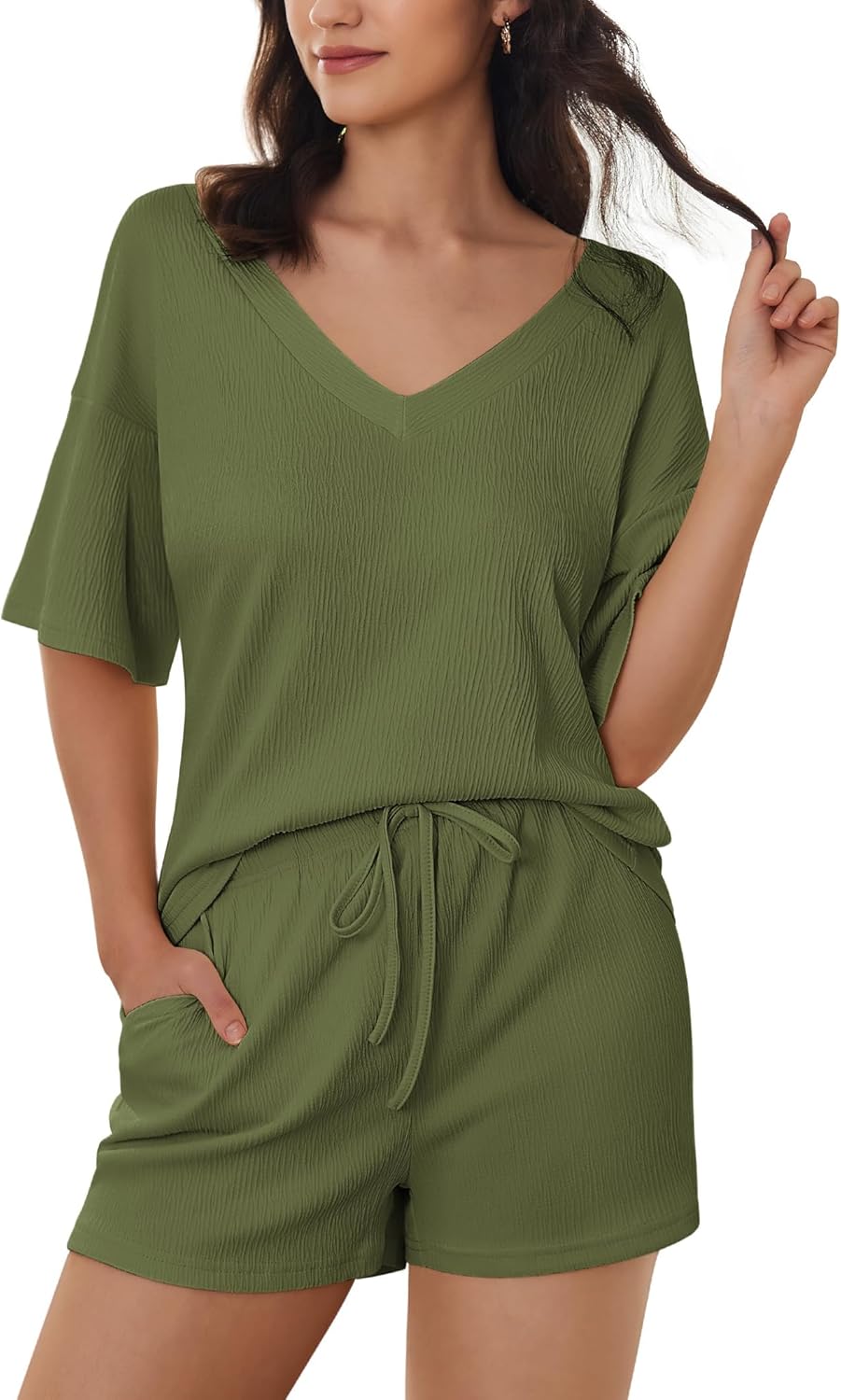 Ekouaer Women's 2 Piece Lounge Set V-Neck Pajama Sets Oversized Summer Outfits with Pockets Army Green Small