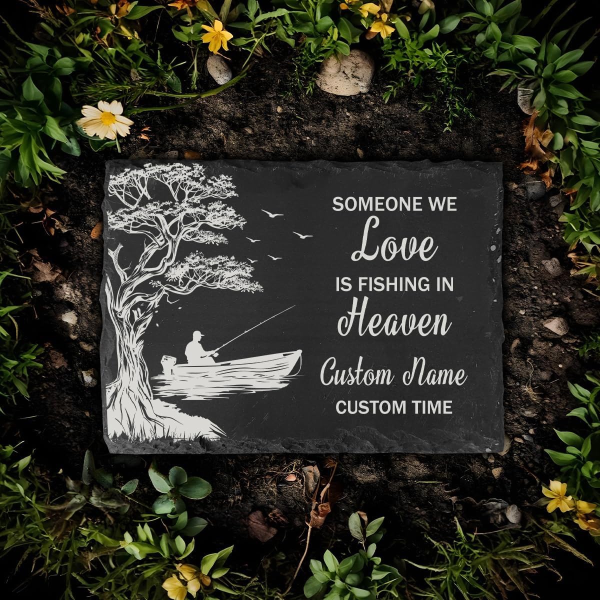 Fishing Memorial Stone Personalized - Someone We Love is Fishing Stone Memory Garden Stone for Loss of Dad Father Fisherman in Heaven Bereavement Gift