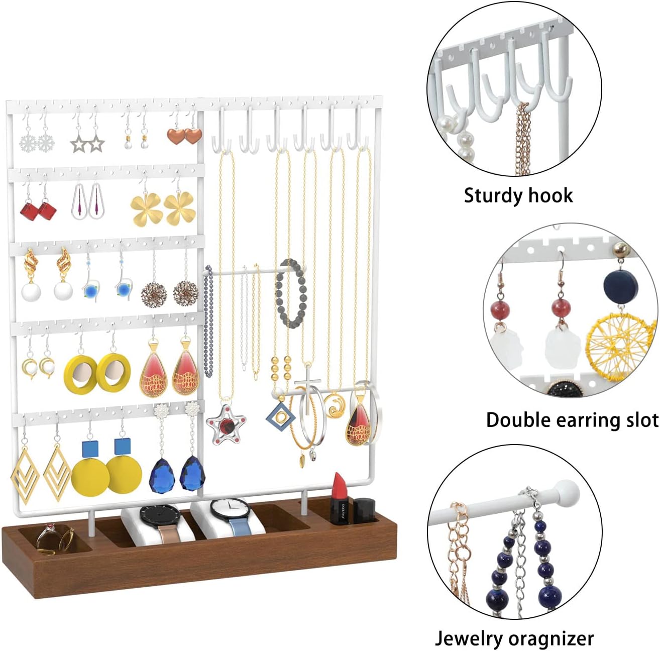 X-cosrack Earring Holder,5-Tier Ear Stud Holder with Wooden Tray,Jewelry Organizer Holder for Earrings Necklaces Bracelets Watches and Rings,Earring Display Stand with 132 Holes,white