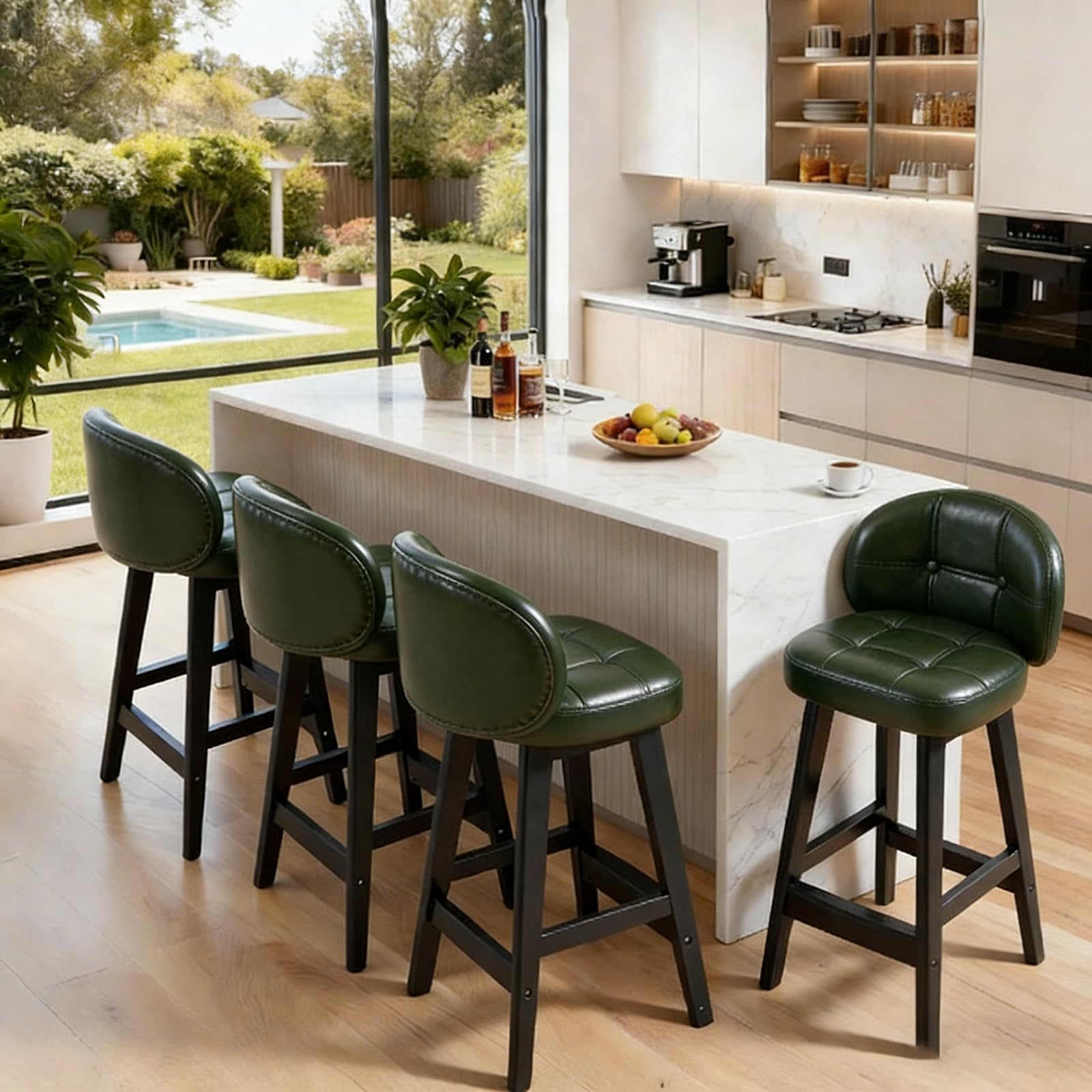Warmiehomy Bar Stools Set of 4, Pu Leather Kithcen Counter Height Breakfast Counter Height Bar Stools with Back, 65cm Seat Height Bar Chairs for Kitchen Island, Dining Room, Pub, Bistro, Cafe, Green
