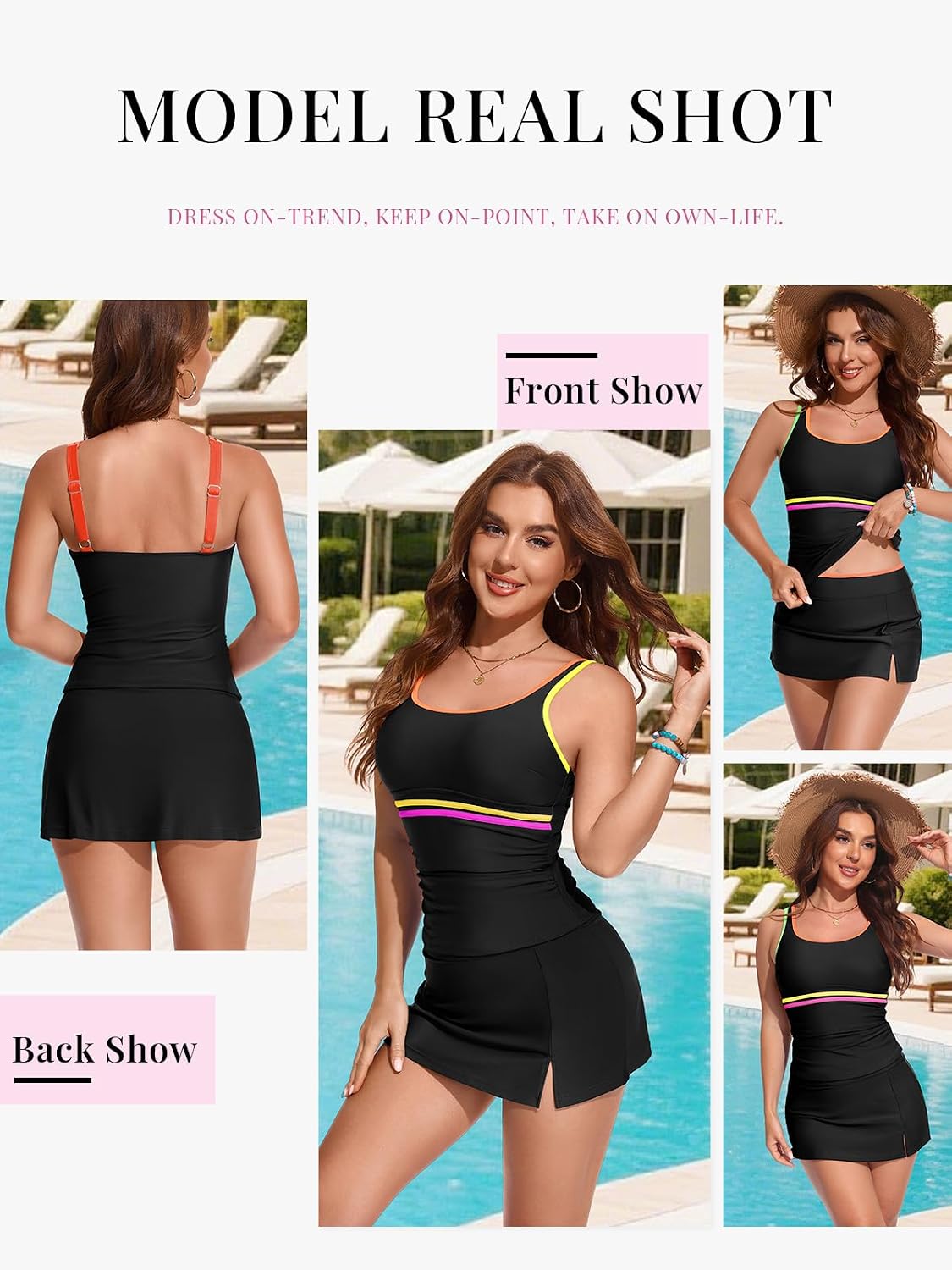 RIHOAS Womens Color Block Tankini Swimsuit Skirt U-Neck Tummy Control Two Piece Bathing Suit Flattering Modest Athletic Dress