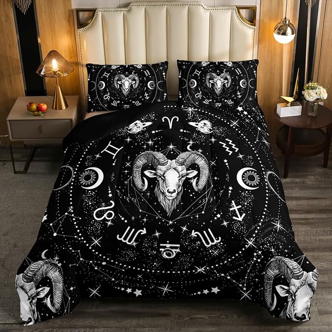 Erosebridal Sun and Moon Comforter Set King Size, Zodiac Aries Bedding Set Spiritual Gifts for Girls Women, Galaxy Constellation Duvet Insert Starry Sky Universe Quilt, Black White Bedroom Decor