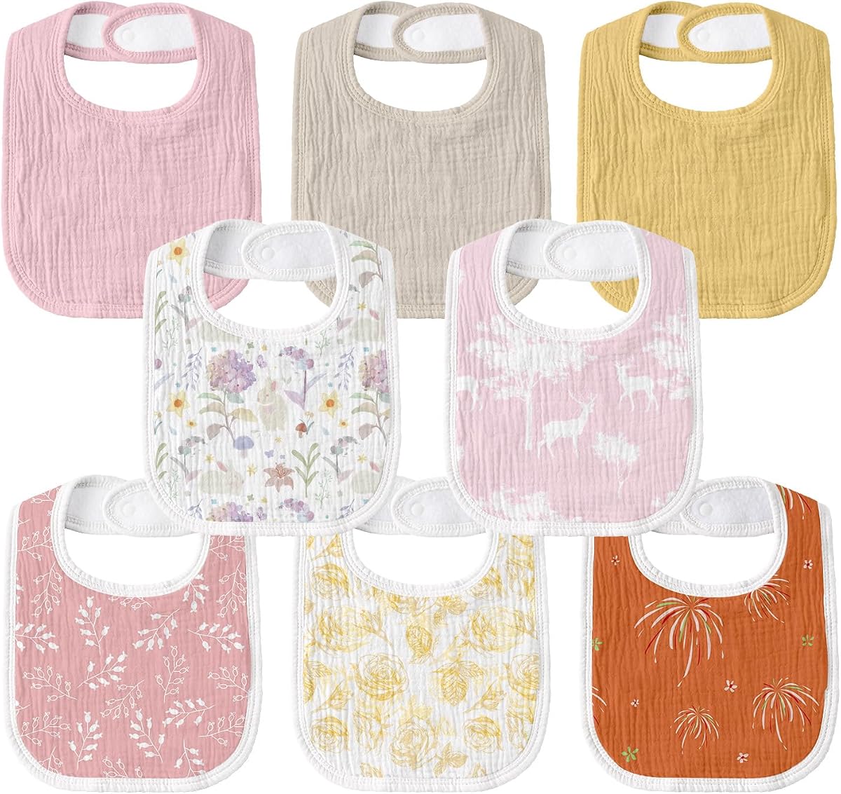 Muslin Bibs for Baby Girl, Adjustable Fit for Drooling and Teething Toddler | 8Pk, 100% Cotton Surface & Multi-Layer Absorbent Core, Shrink-resistant & Fade-Proof, Gentle on Sensitive Newborn skin
