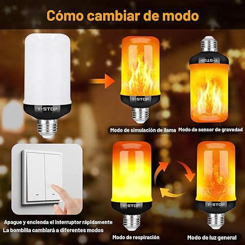 Miniatura 6 de Y- STOP Bombillas LED de llama mejoradas, 4 modos de luz parpadeante para exteriores con efecto invertido, bombilla de llama de base E26 para