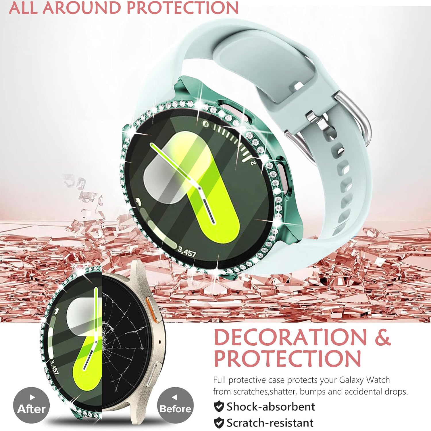 DEALELE [2-PACK] Case Compatible with Samsung Galaxy Watch 5/4 44mm, Bling Single-Row Diamond PC Protective Case Replacement Watch Cover Bumper (44mm, Gold+Transparent) — view 228