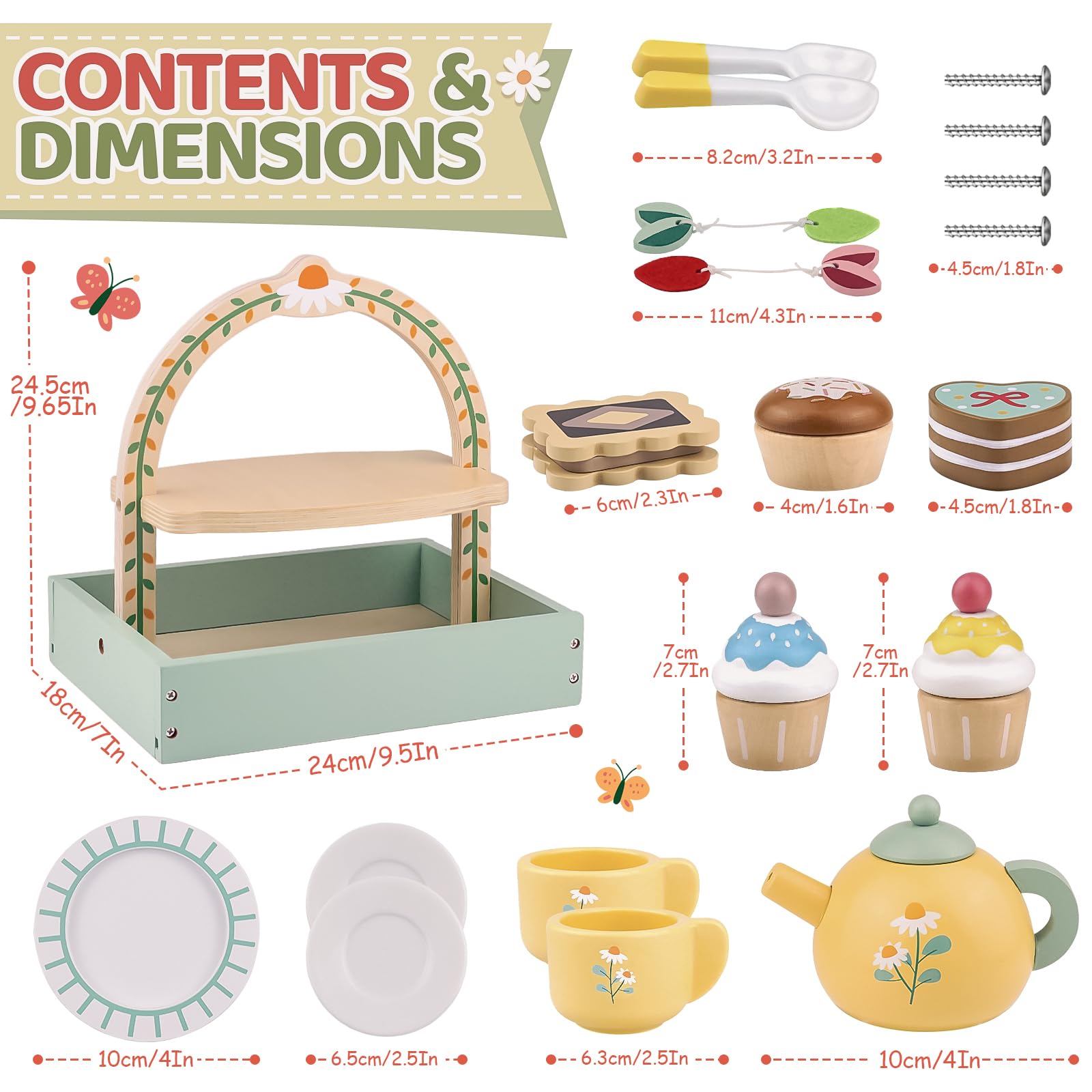Airlab Set da Tè Bambina Accessori Cucina Giocattolo per Bambini in Legno | Accessori Cucina Legno per Bambini Bambina con Paniere, Cibo Finto Giocattolo Bambino Cucina, Regalo Bimbo Bimba 3 4 5 Anni