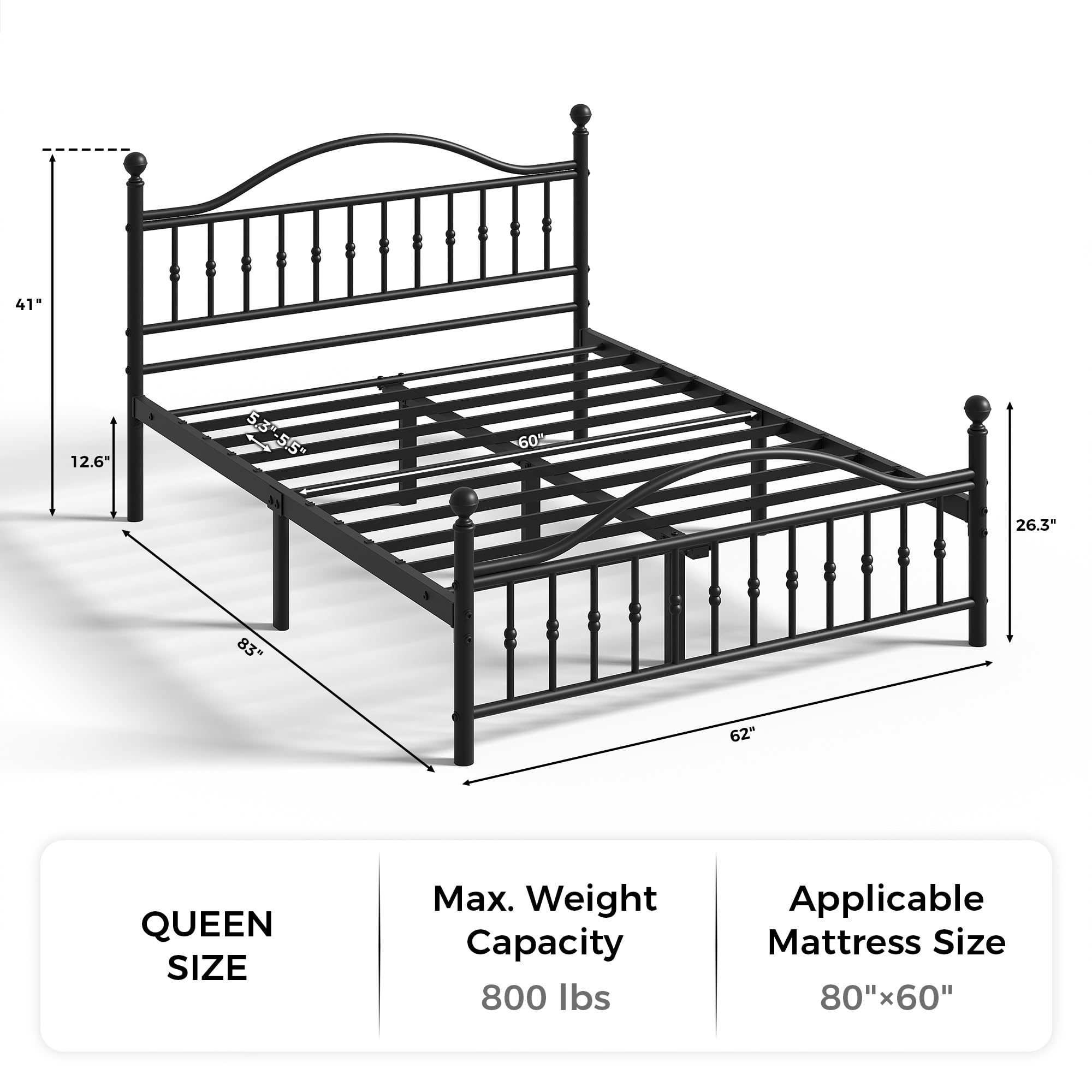 Classic Metal Bed Frame, Queen Bed Frame with Victorian Vintage headboard, Footboard and Under Bed Storage,Easy Assembly, No Box Spring Needed, 12.6 Inch, Black - 2