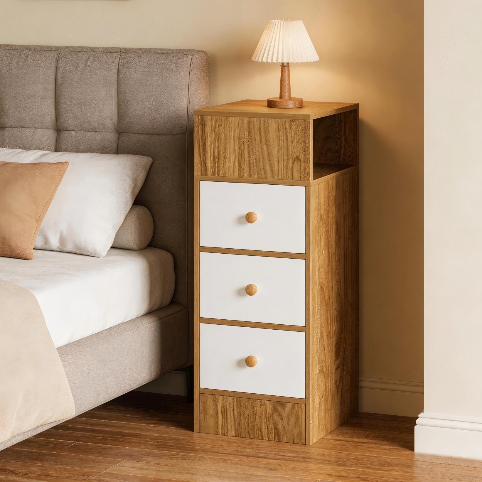 Homullel 25cm Narrow Bedside Cabinet 3 Drawers Slim Bedside Table Small Nightstand Bed Side Table for Bedroom Living Room (3 Drawers, Dark Walnut)