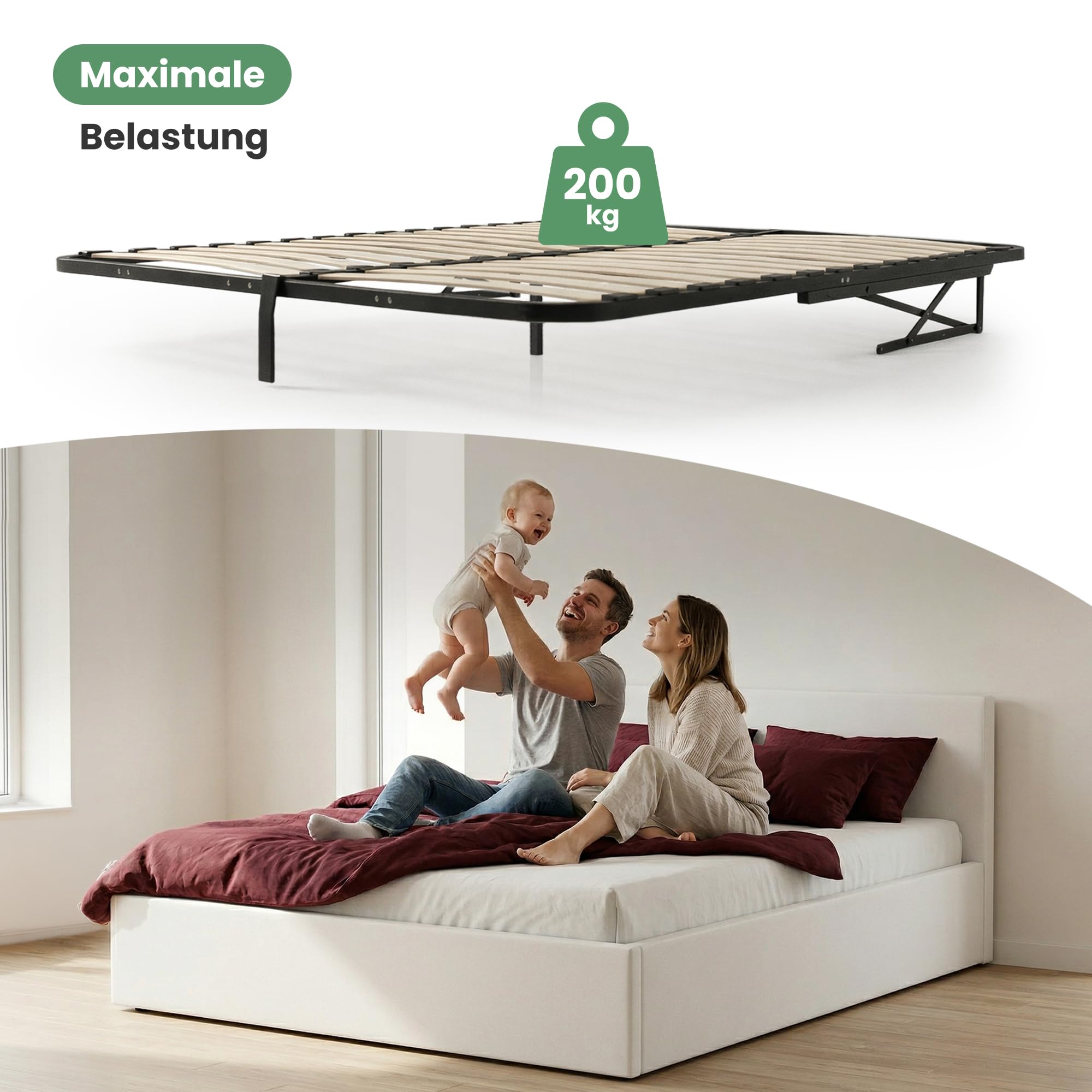 AKORD Metall-Lattenrost 140x200 cm mit Gasdruckfeder Hebemechanismus, 28 Holz-Leisten, Geteilter Bettrahmen bis 200kg belastbar, Schwarz