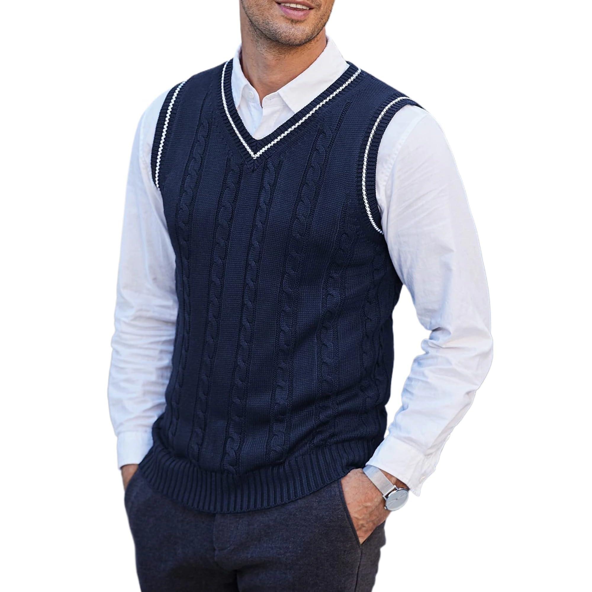 Chaleco de punto trenzado con cuello en V para hombre, ajuste relajado, sin mangas, suéter de punto cálido y ligero