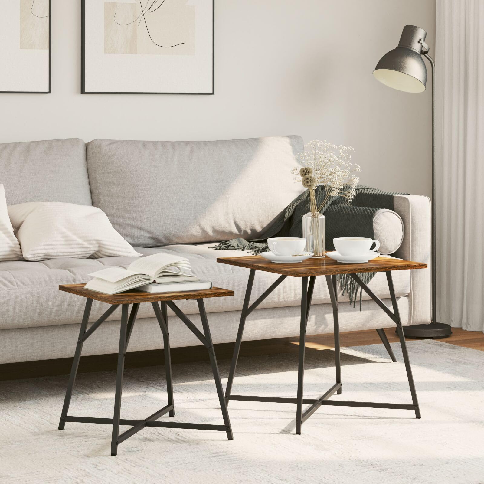 SXZenSpace 869728 Side Table Set - 2 Rustic Smoked Oak and Metal Tables Modern Wood Nightstand End for Home Bedroom Living Room Easy Assembly Hallway Coffee