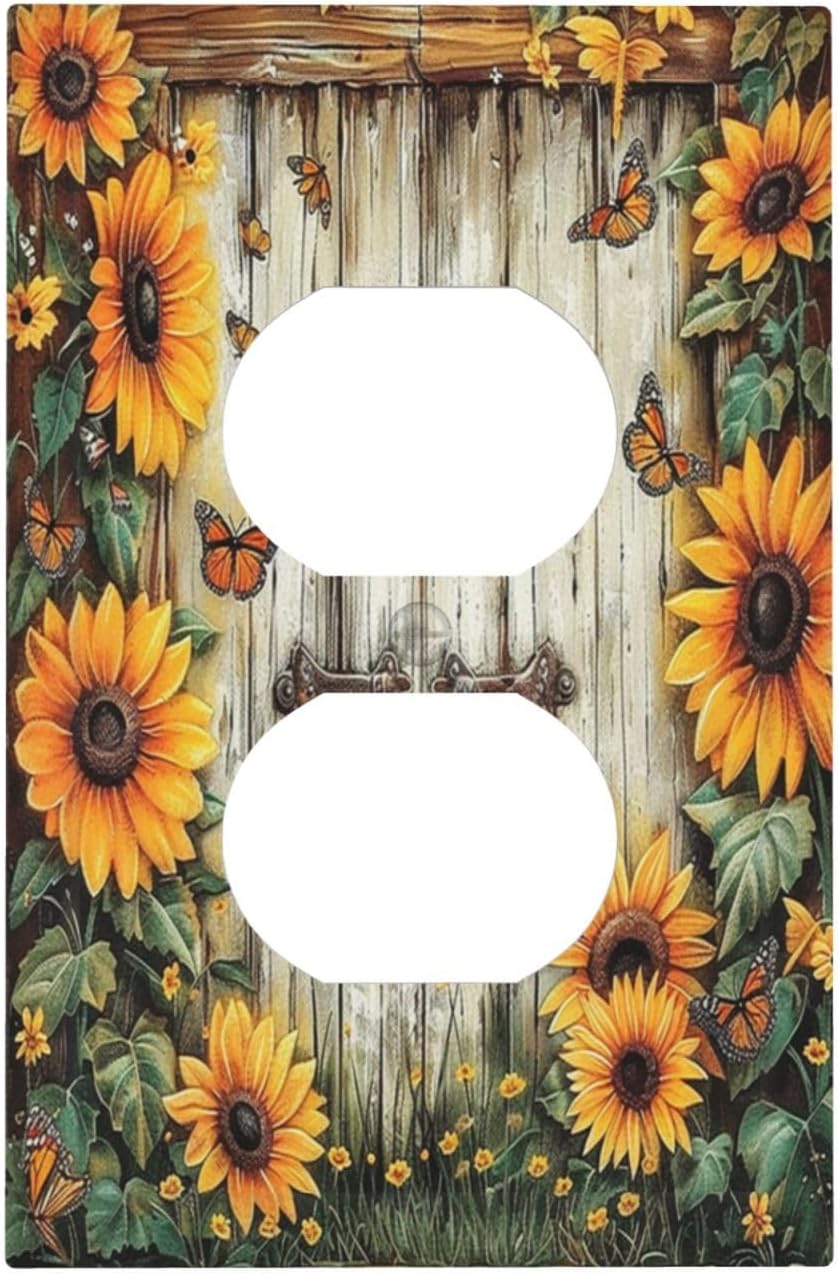 Decorative Outlet Covers Sunflower Vintage Wood Barndoor 1 Gang Duplex Light Switch Cover Plate Wall Plates for Electrical Outlets Switchplate Faceplate for Bedroom Home Decor