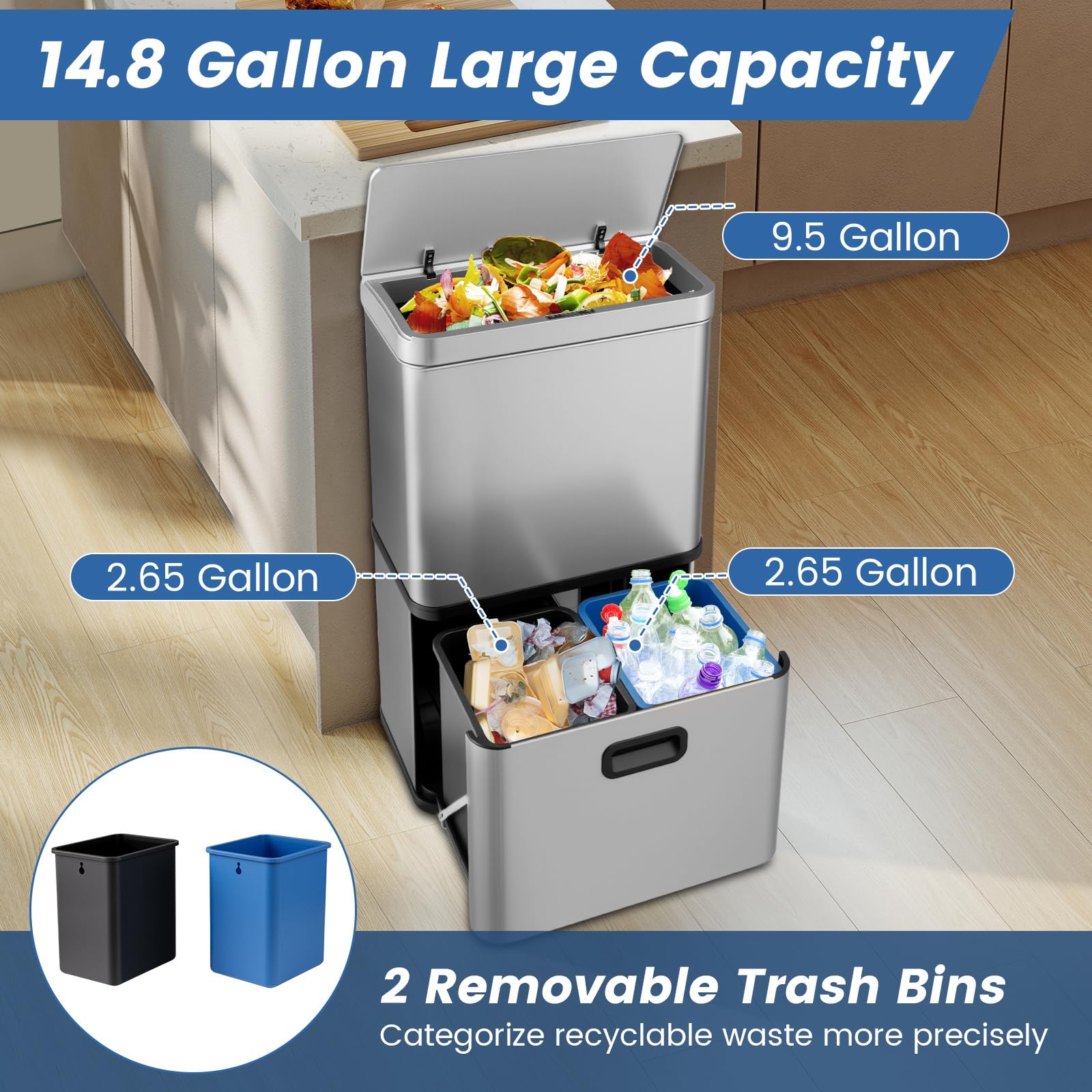 GIANTEX Cubo de Basura de Cocina 56 L con 3 Compartimentos, Papelera de Acero Inoxible con Sensor de Movimiento, Control Táctil, 2 Cubos Extraíbles y Tapa Abatible, Basurero de Reciclaje (Plata)
