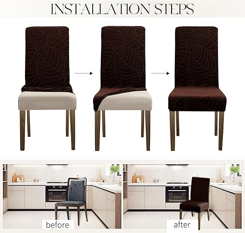 Miniatura 78 de MOSAYT Juego de 6 fundas para sillas de comedor 100% impermeables, súper ajuste elástico jacquard Parson, fundas extraíbles y lavables para sillas
