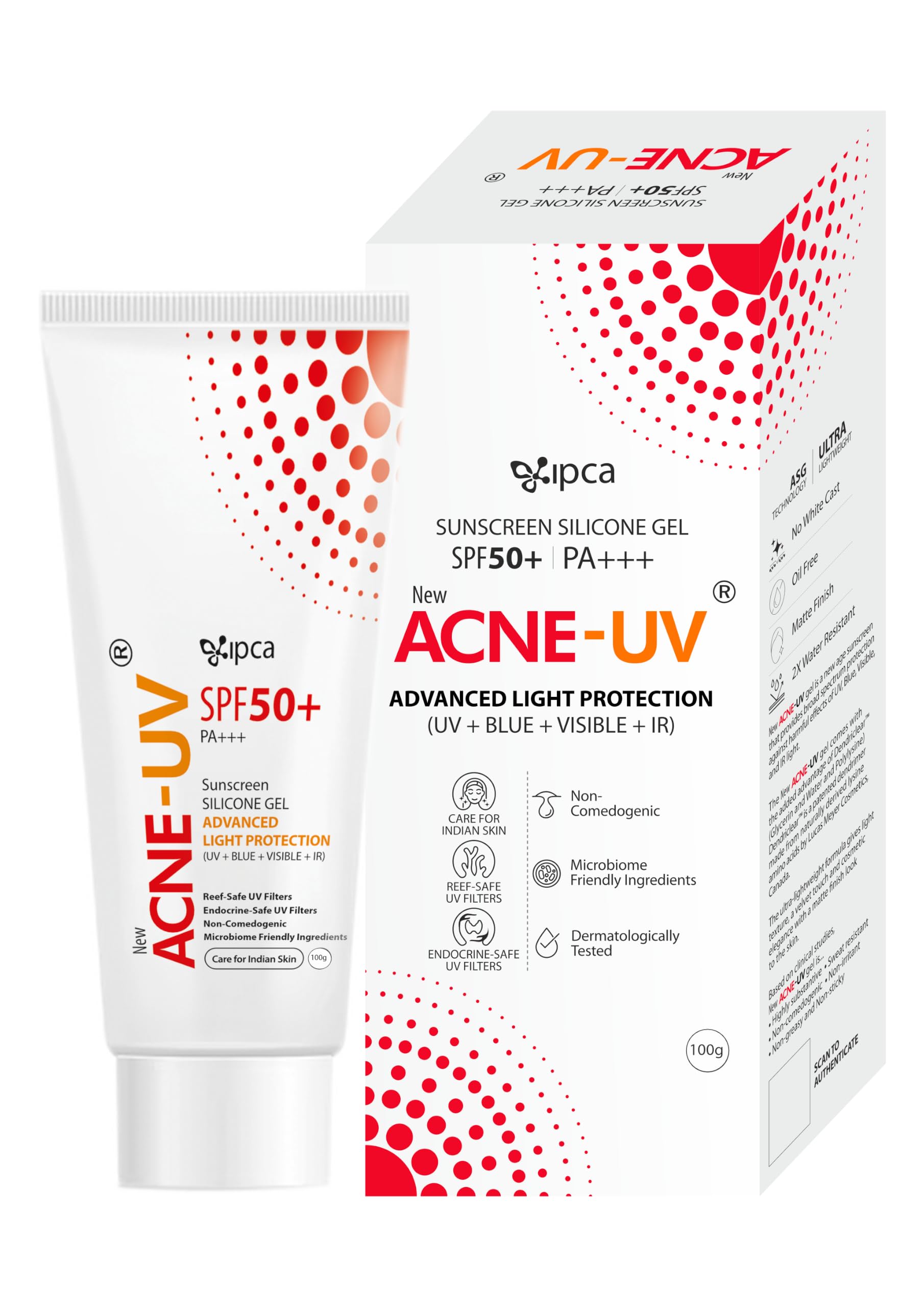 Ipca New Acne-UV Sunscreen SPF50 PA++++ | 100g Acne-UV Gel Sunscreen | Non Comedogenic | Silicone Gel | Oil-Free | UVA/UVB Protection | Water Resistant | No White Cast | Suitable for All Skin Types