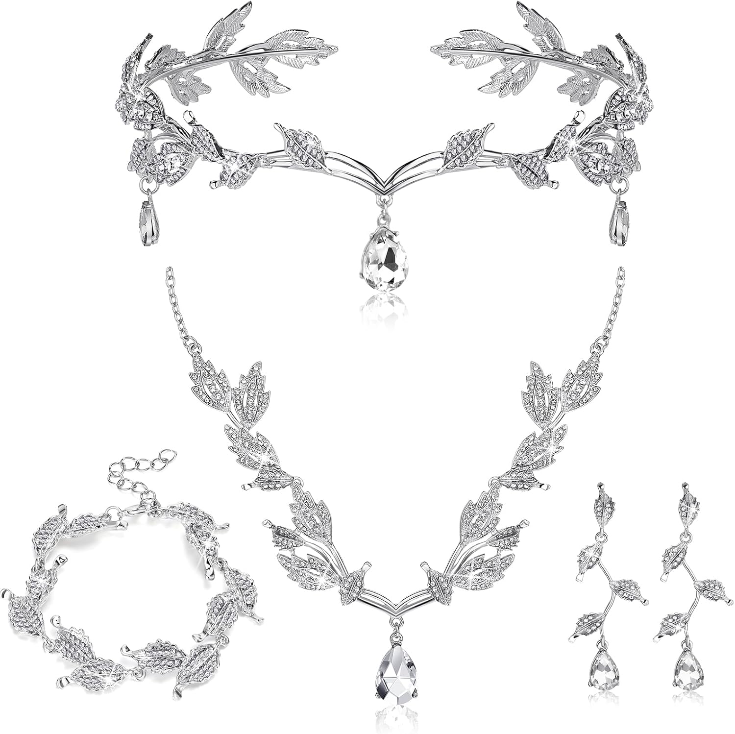 Sasylvia Wedding Jewelry Set for Women, Rhinestone Leaf Tiara Headband Crown Necklace Earrings Bracelet for Women
