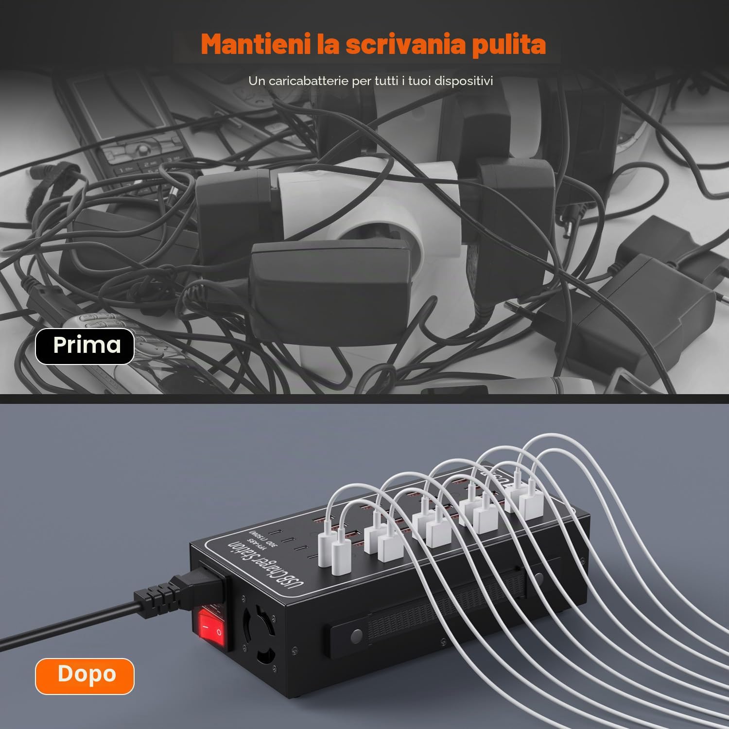 Stazione di ricarica USB 30 Porte 150W, Caricatore intelligente USB-C, Hub di ricarica da tavolo 30 in 1 per iPhone, iPad, Samsung, Tablet e altri elettronici