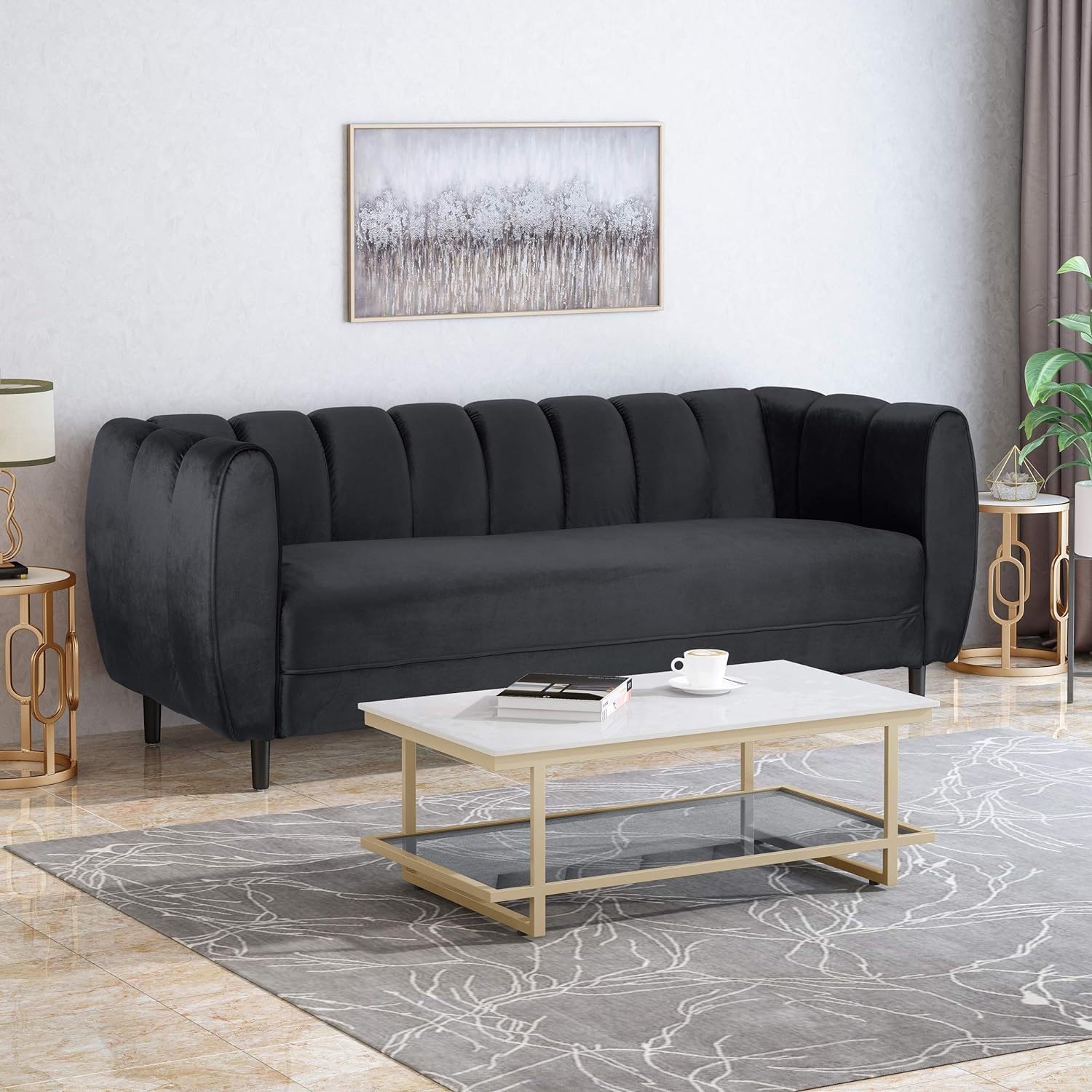 Miranda Velvet 3-Seater Sofa Black Velvet Modern Glam Luxury
