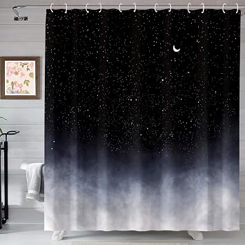 Neasow Black Shower Curtain,Stars and New Moon Bathroom Curtain Night Starry Sky Shower Curtains