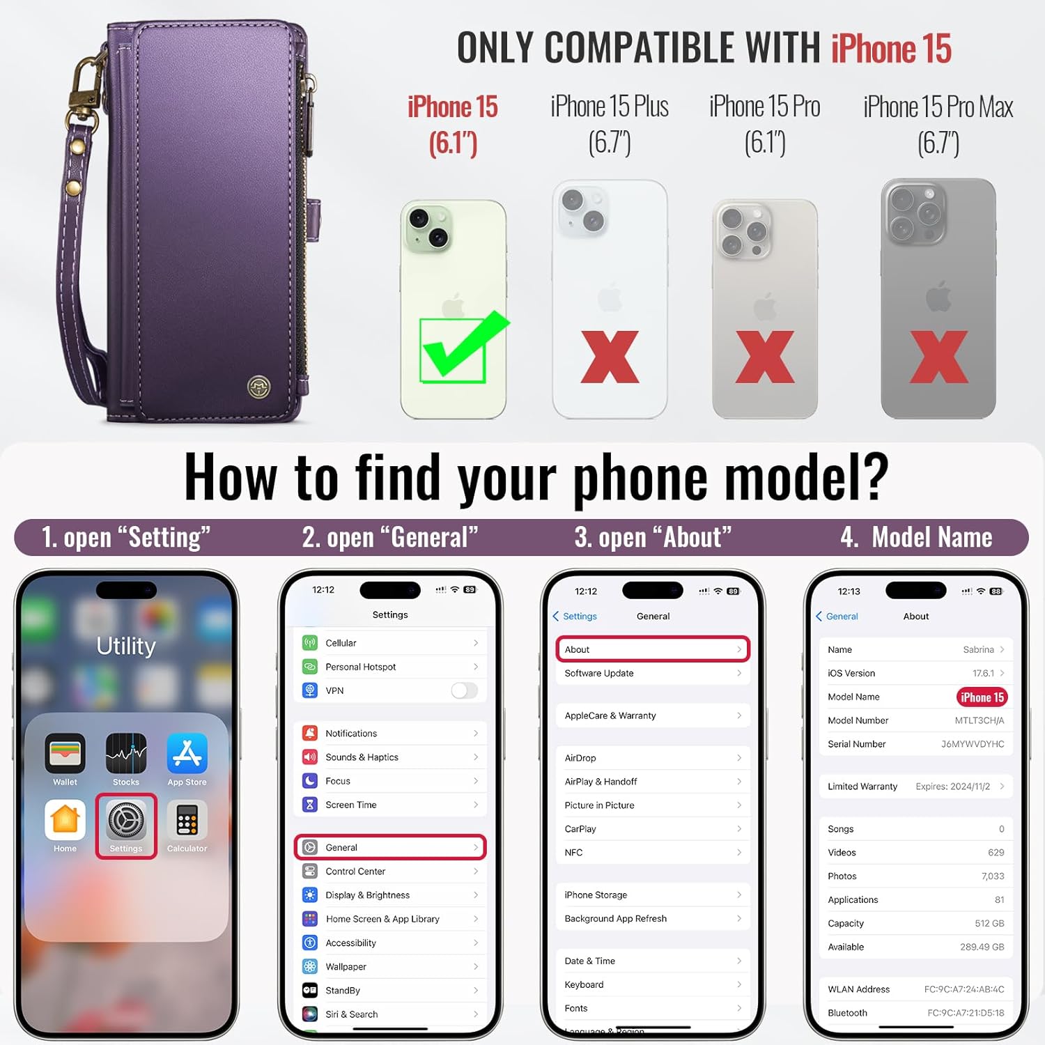 Defencase Compatible with iPhone 15 Case Wallet with RFID Blocking Card Holder for Women and Men, Fashion PU Leather Magnetic Snap Flip Zipper Strap Wallet Phone Case Fit for iPhone 15 6.1", Purple - Image 2