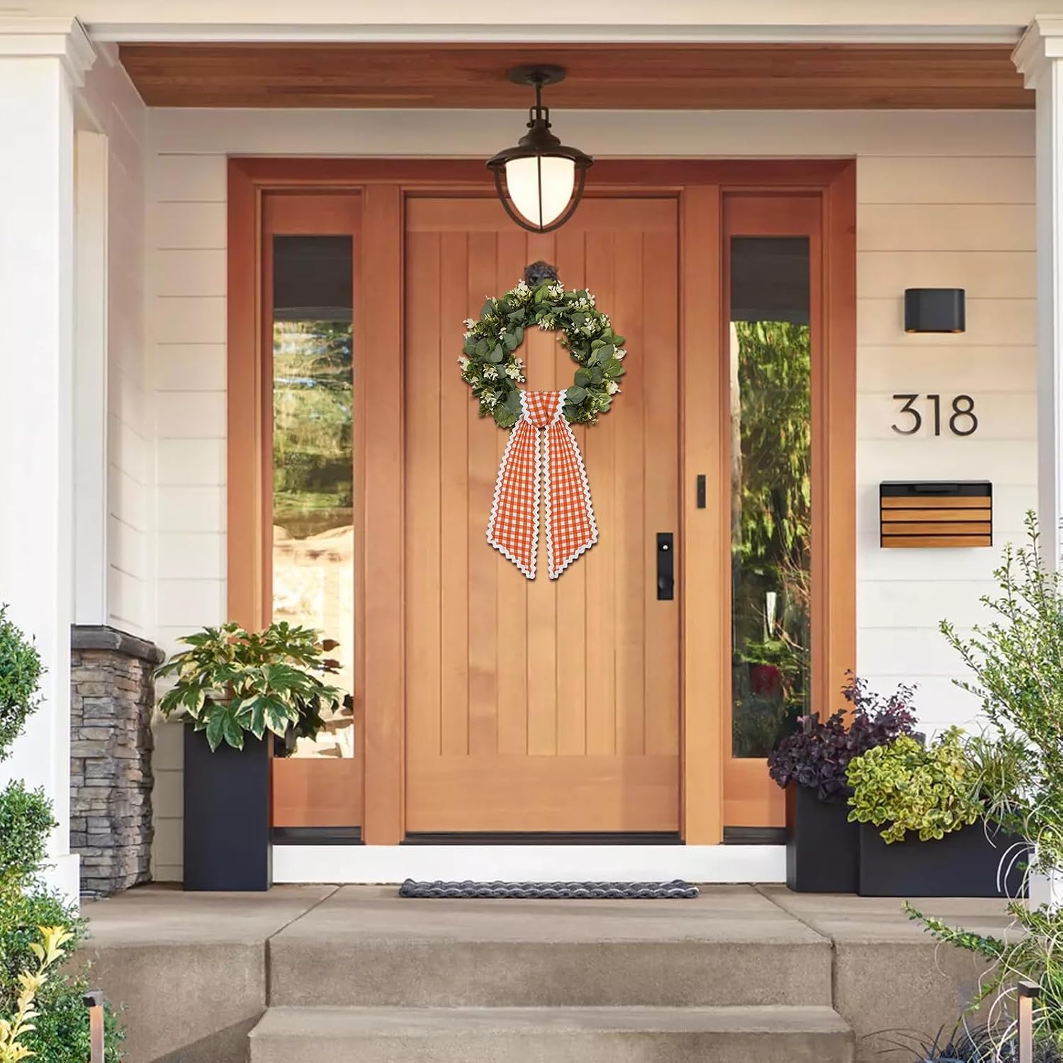 2 Pcs Orange and White Plaid Wreath Sash for Front Door Scalloped Ribbon Sash for Home Yard Outdoor Indoor Doorway Decor