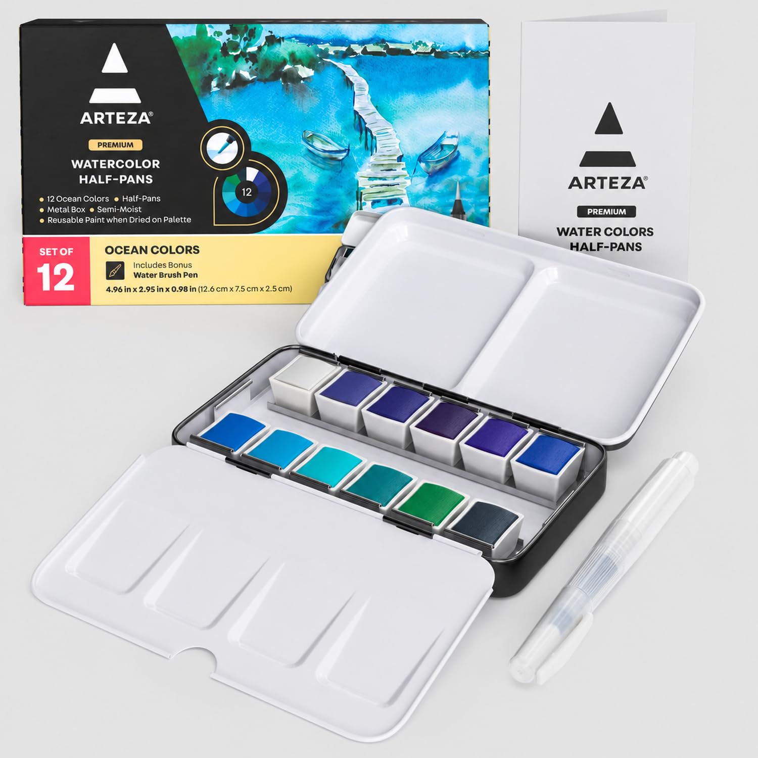 Watercolor Paint Set, 12 Ocean Colors, Half Pans in Travel Tin | Water Brush and Swatch Sheet Included, Built-In Mixing Palette, For Seascapes, Coastal Landscapes, Skies and Plein Air