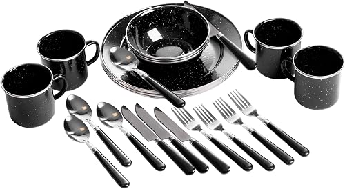 Stansport Deluxe 24-Piece Enamel Tableware Set - Enamel Plates and Bowls Lightweight and Durable Camp Dish Set for Camping and Backpacking Plates and Bowls for 4 People