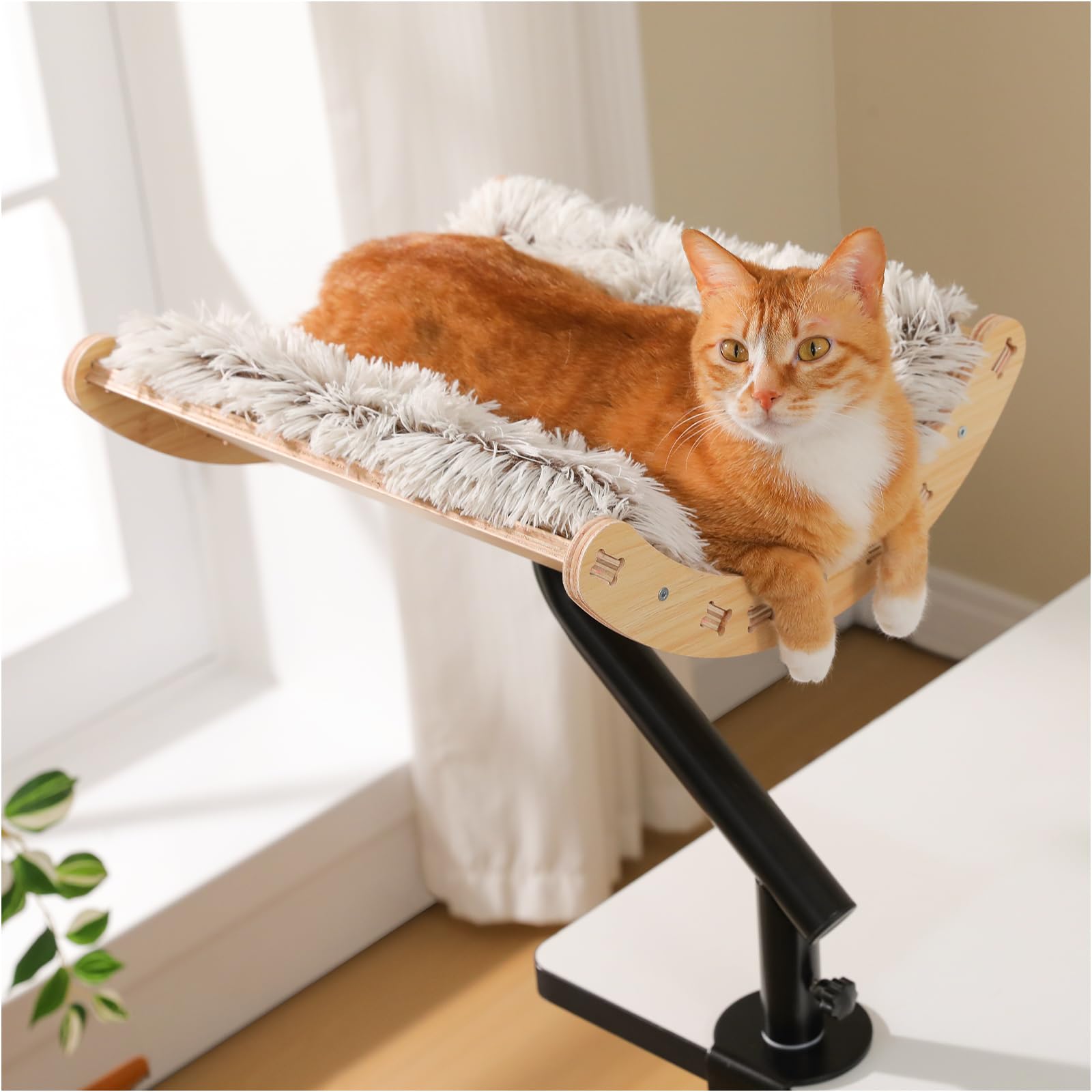 PEQULTI Desk Cat Bed, 360° Rotating Clamp-On Cat Hammock, Wood, Beige
