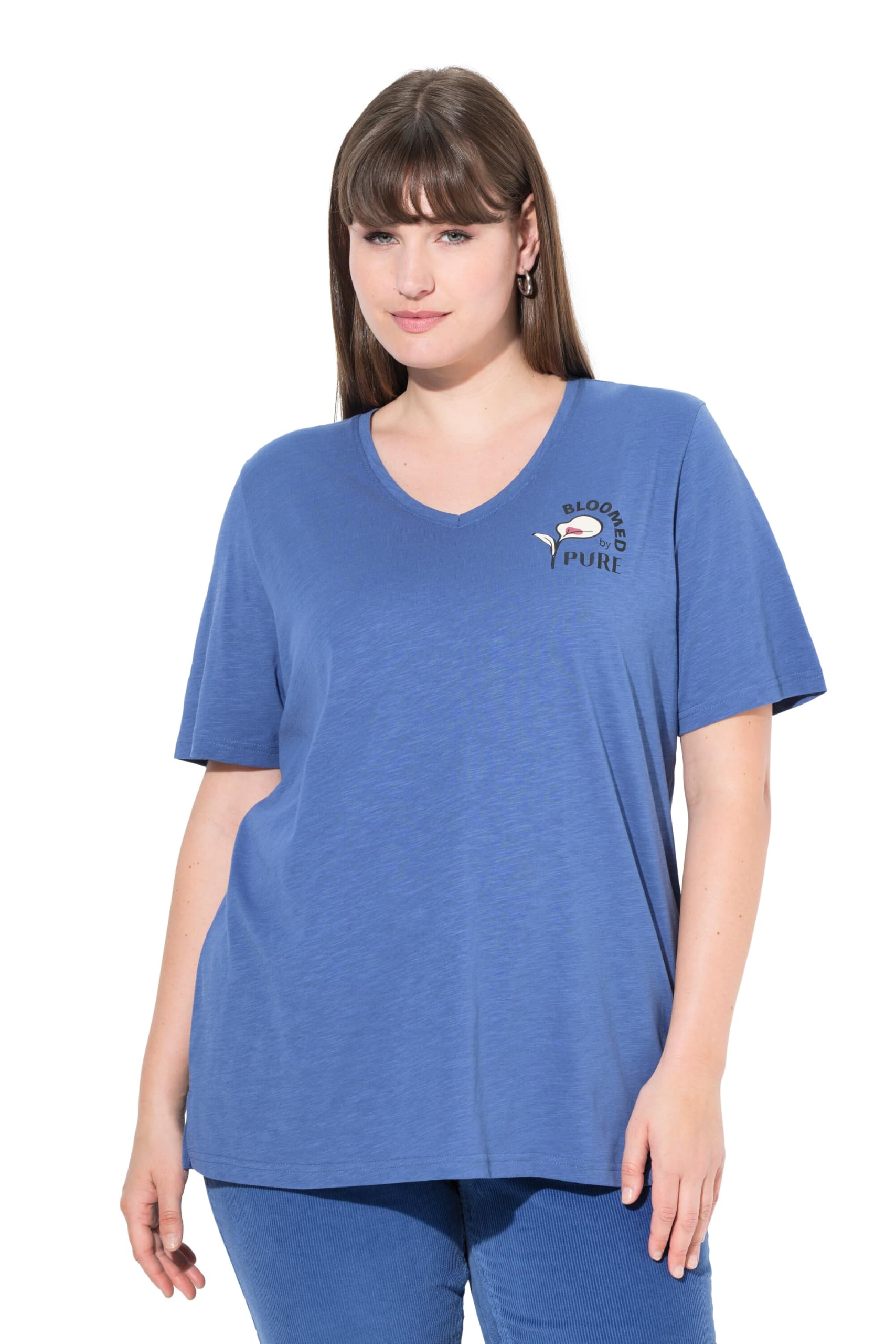 Ulla Popken Damen große Größen Übergrößen Plus Size T-Shirt, Blüte, V-Ausschnitt, Halbarm, Biobaumwolle 841598