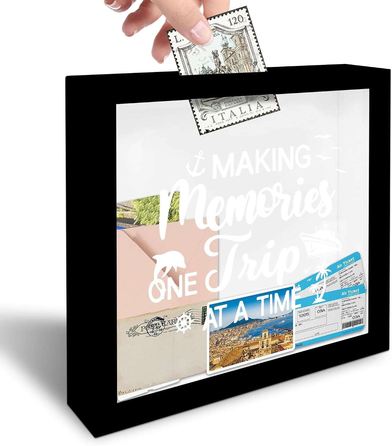 8" x 8" Black Travel Shadow Box Frame - Adventure is Worthwhile - Travel Wooden Display Memory Saver with Slot for Tickets, Keepsake - Gifts & Decorations for Family & Friends - A04