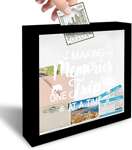 Vista 8 de Marco negro de caja de sombra de viaje de 8 x 8 pulgadas, boceto de mapa global, pantalla de viaje de madera ahorradora de memoria con ranura