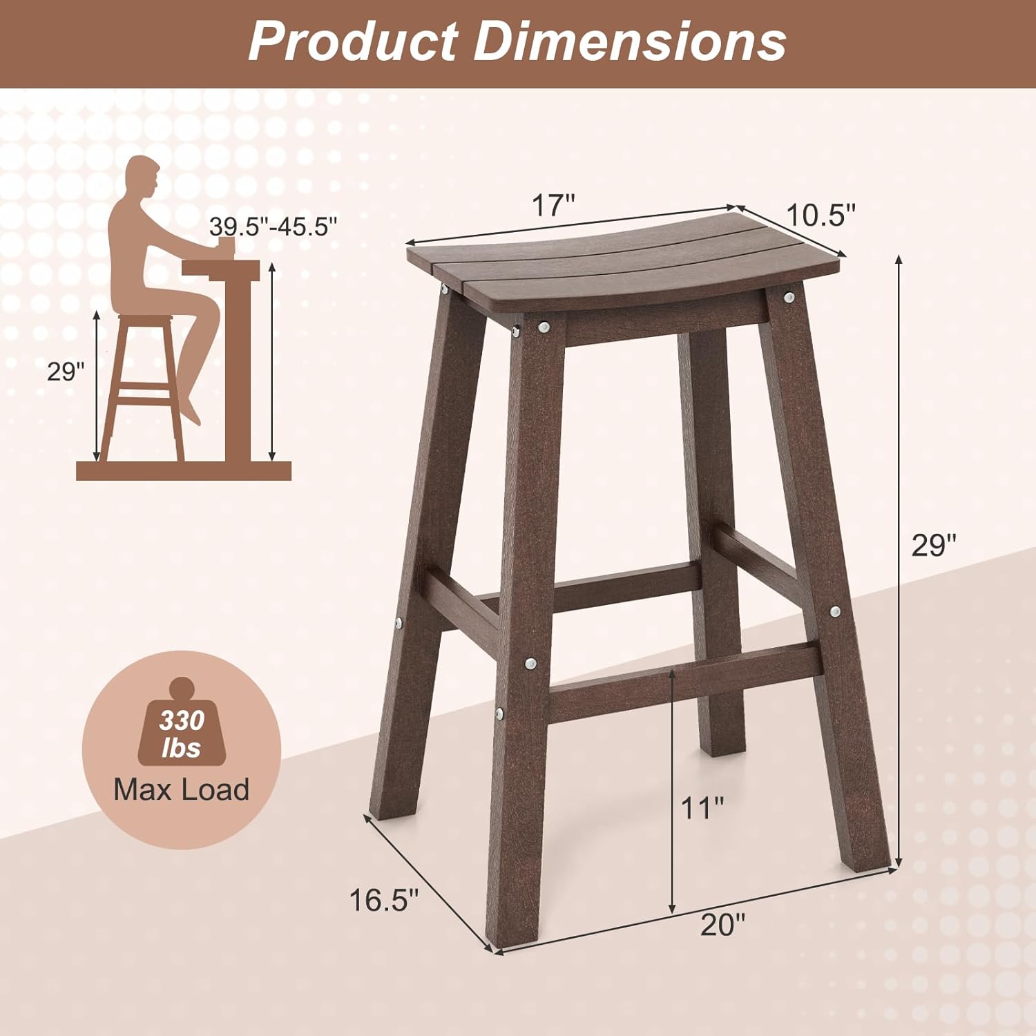 Tangkula Patio Bar Stools Set of 4, 29 Inch HDPE Bar Height Armless Saddle Stools with Curved Seat & Footrests, Outdoor Backless High-Top Slatted Barstools for Backyard, Lawn, Poolside (Brown)