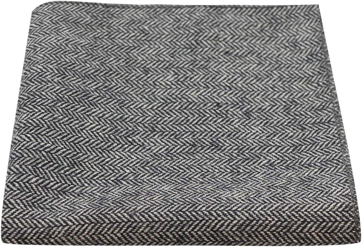King & Priory Black Herringbone Pocket Square, Handkerchief, Charcoal Grey