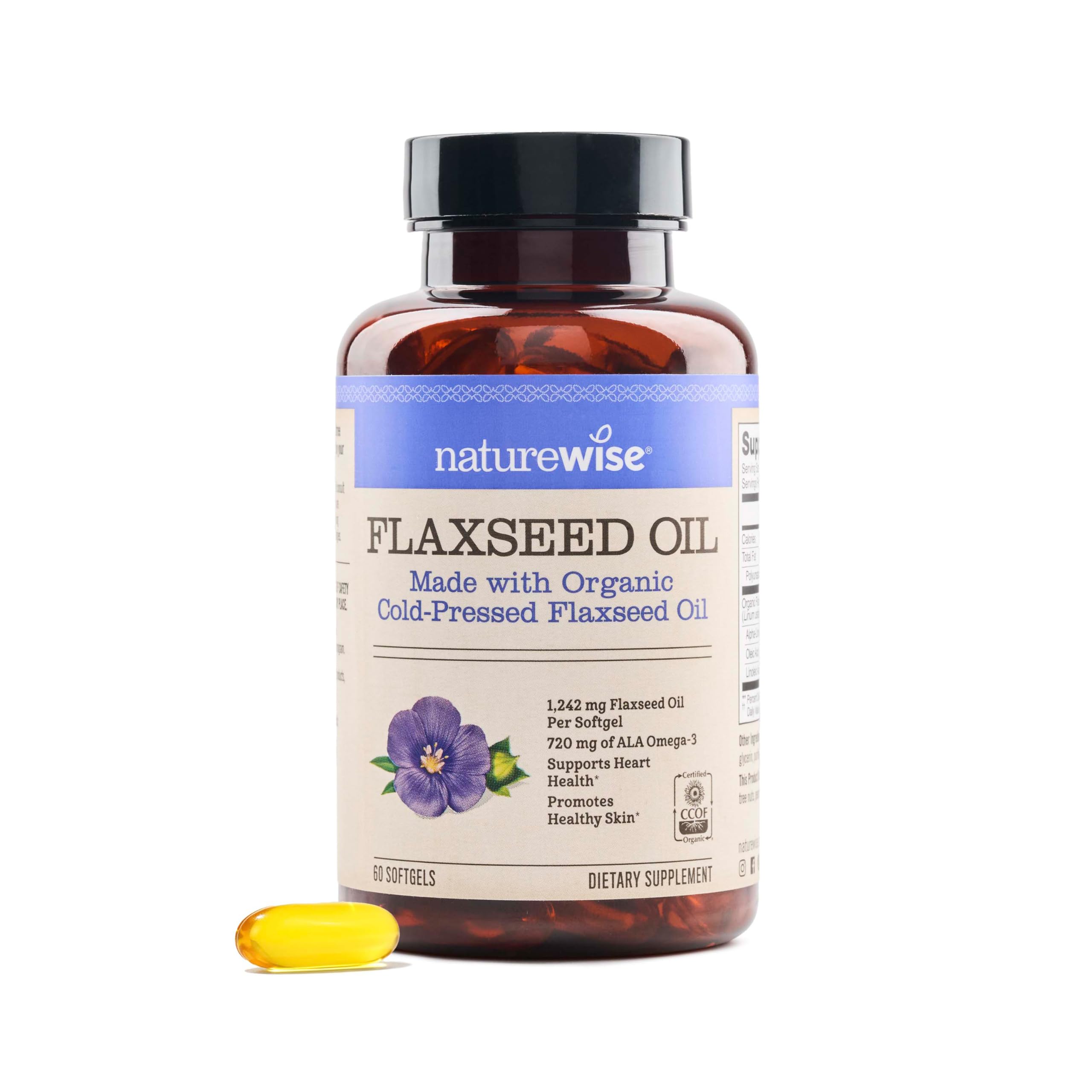 NatureWise Flaxseed Oil 1200 mg, Fish Free Omega 3 6 9 with 720mg ALA - CCOF Certified Organic Flaxseed Oil - Plant-Based Omega - Cold Pressed, Non-GMO - 60 Softgels[2-Month Supply] 60 Count (Pack of 1)