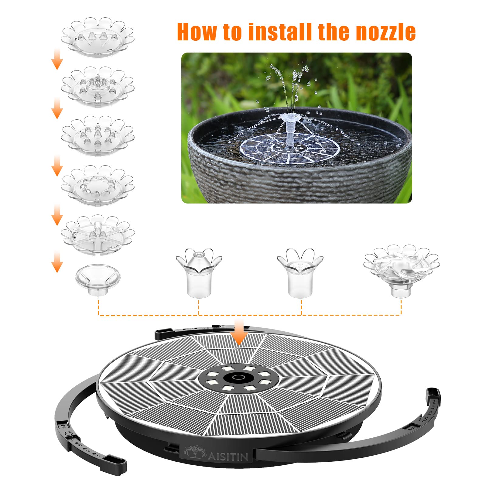 AISITIN Fuente Solar Jardin Exterior 3,5W LED con Soporte Ajustable, Fuente Solar Flotante con Batería Recargable, Diferentes Boquillas y Luz Multicolor para Piscina, Estanque Jardin, DIY