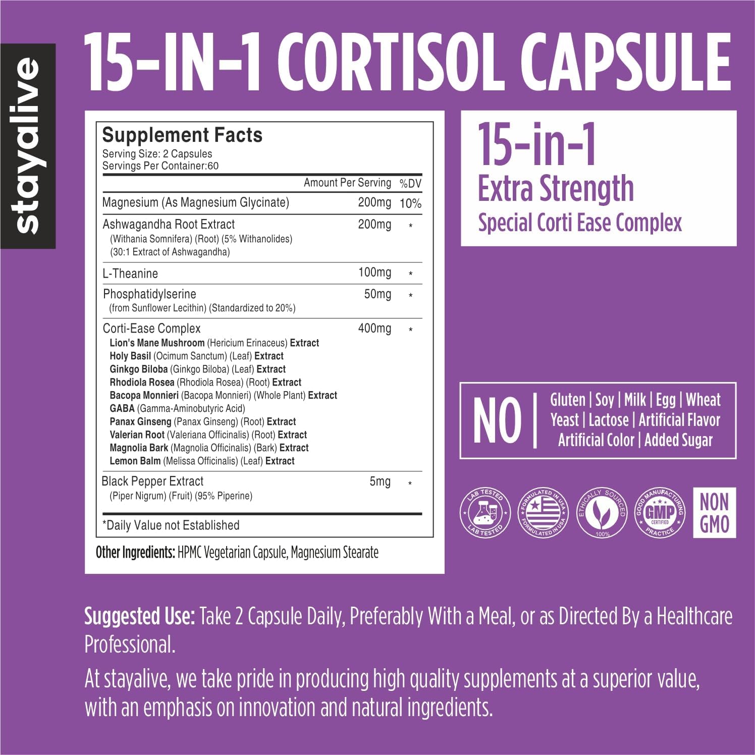 STAY ALIVE Cortisol Manager Supplement 15-in-1 Complex w/L-Theanine, Ashwagandha, Magnesium Glycinate, Phosphatidylserine and More, 120 Veg Capsules, Non-GMO & Gluten-Free Formula for Women and Men - Image 3