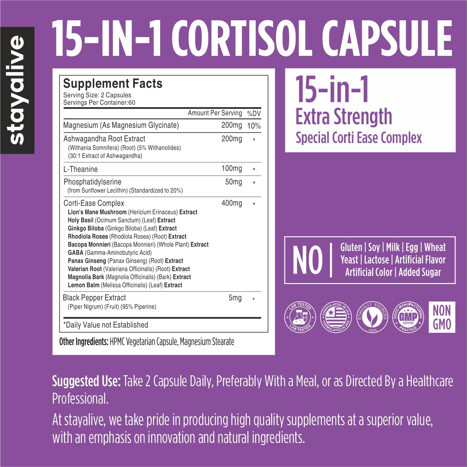 STAY ALIVE Cortisol Manager Supplement 15-in-1 Complex w/L-Theanine, Ashwagandha, Magnesium Glycinate, Phosphatidylserine and more, 120 Veg Capsules, Non-GMO & Gluten-Free Formula for Women and Men 1