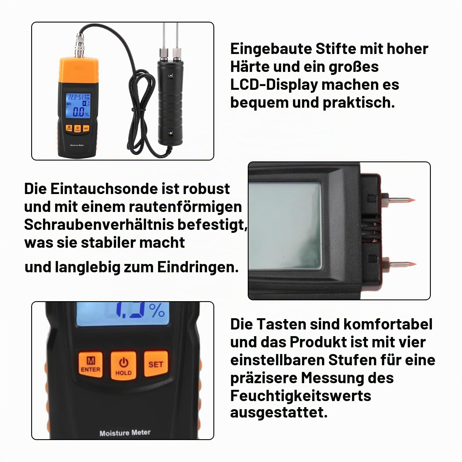Feuchtigkeitsmessgerät Holzfeuchtemessgerät Pin-Typ LCD-Display Digital Einstellbare Temperatur Luftfeuchtigkeit Feuchtigkeitsmesser Holzfeuchteprüfer MMD4E