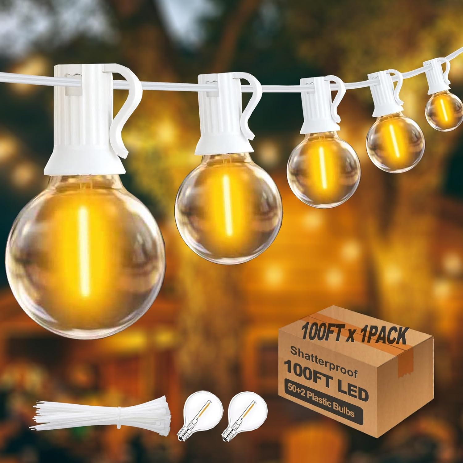 White String Lights Outdoor 100FT G40 Globe String Lights White Cord, 50+2 Spare Replaceable Bulbs, for Patio Backyard Gazebo Porch, Connectable, Zip Ties Included, White Wire