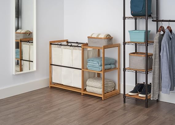 TRINITY EcoStorage 3-Bag Bamboo Laundry Station, Laundry-Room Organization and Dirty Clothes Hamper with 3 Shelves for Bedroom, Closet, Dorm Room and More, Bronze Poles