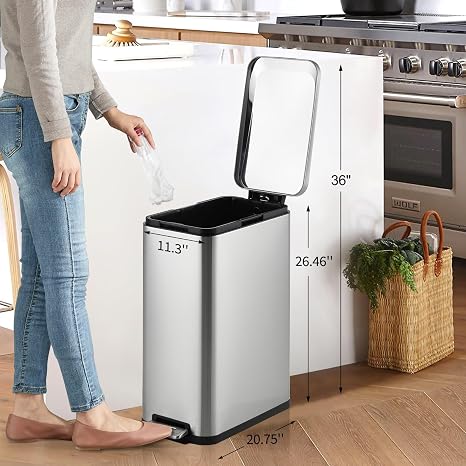 13 Gallon Kitchen Step Trash Can, 50 Liter Stainless Steel Step Garbage Bin with Soft Close Lid & Removable Inner Bucket, Slim Step-on Metal Rubbish Trash Bin Pedal for Laundry Room, Home, Office