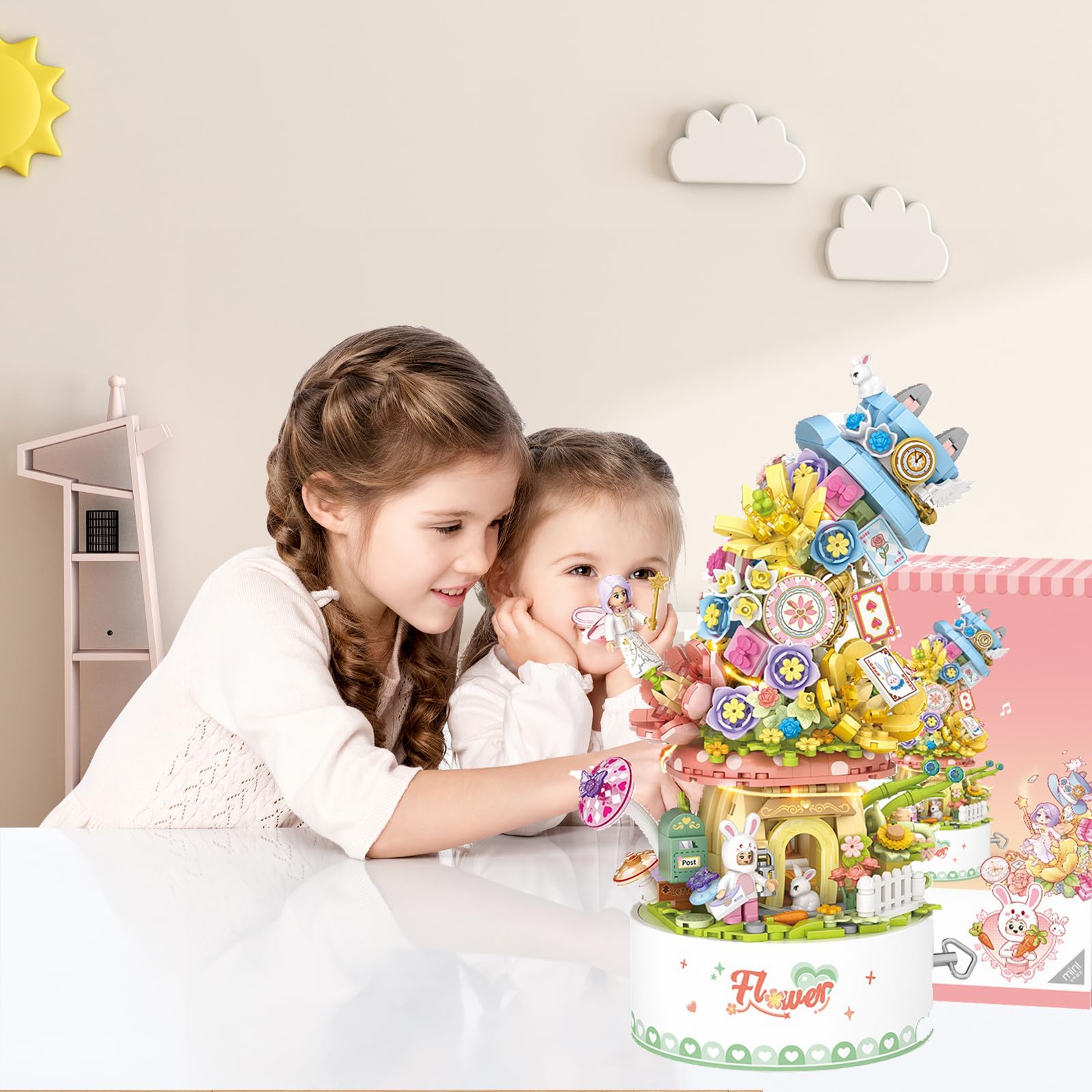 LOTOLO Falls Building Blocks Rotating Music Box Set,Candy Flower Bonsai Botanical Collection with Light,Home Decor (Flower) - Image 4