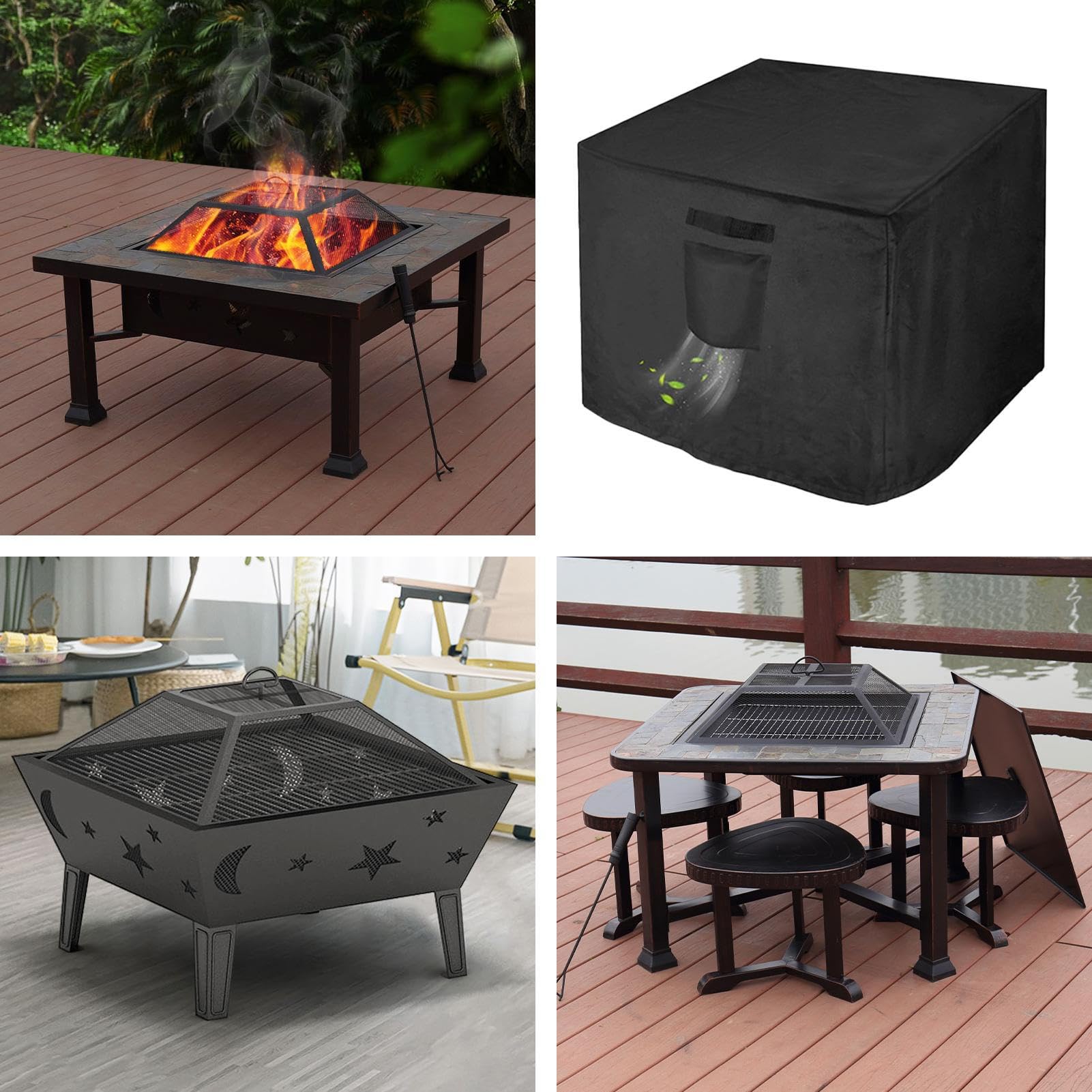 Housse de brasero imperméable – 81 x 81 x 61 cm – Revêtement en PVC robuste – Protection UV – Bouclier de foyer carré pour terrasse, balcon, terrasse, voyage, camping