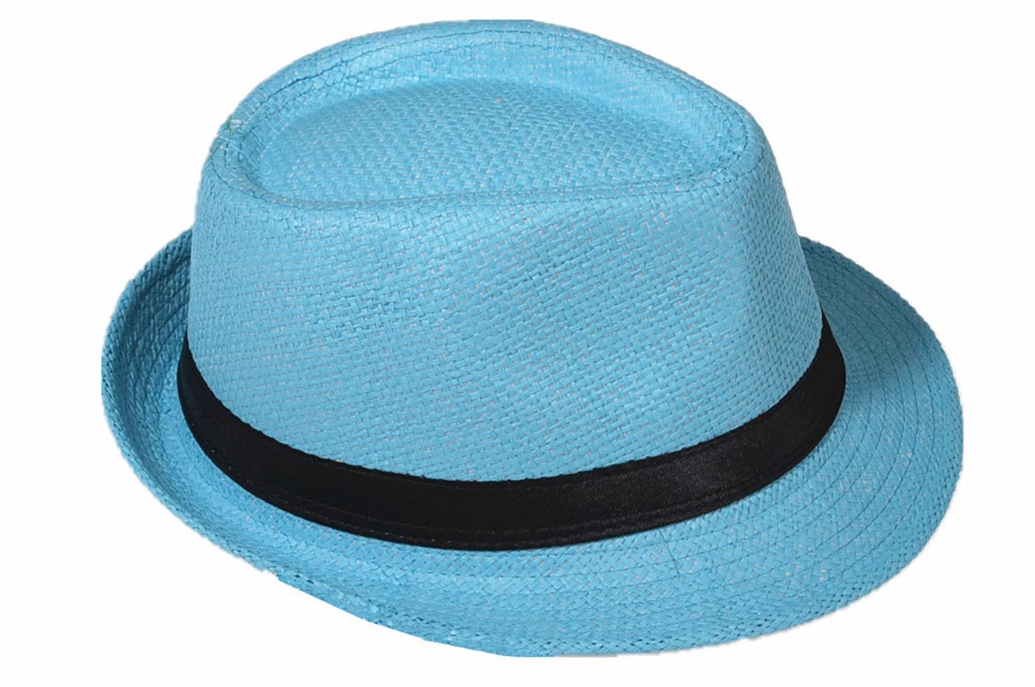 Miobo Unisex Sky Blue (Straw Hat) Panama Fedora Trilby Gangster Straw Sunhat With Fabric Strap, Street Style