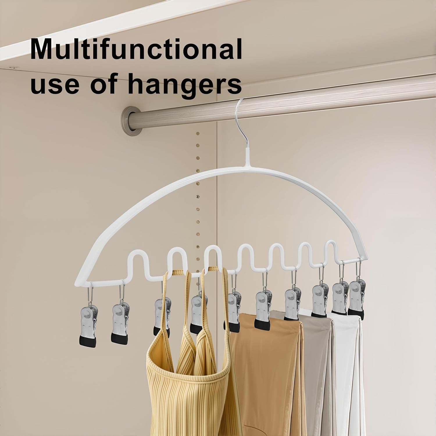 Legging Organizer for Closet,Metal Wave Design Pants Hanger with 10 Clips 7 Hooks, Closet Storage for Pants, Skirts, Hats (White, 4Pack)