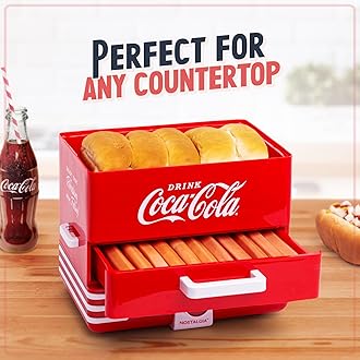 Nostalgia Extra Large Diner-Style Coca-Cola Hot Dog Steamer and Bun Warmer, 24 Hot Dog and 12 Bun Capacity, Steam Bratwursts, Sausages, Vegetables, Fish, Dumplings, Red