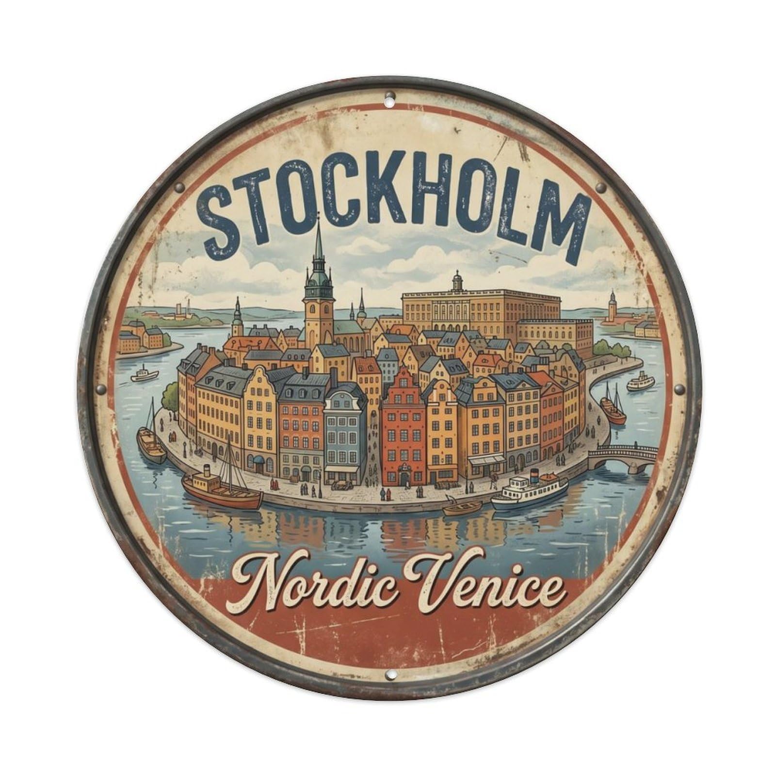 Vintage Travel Stockholm Gamla Stan Metal Tin Sign Plaque Wall Decor for Cafe, Club Bar, Office, Home Garden Round Metal Poster 8x8Inch