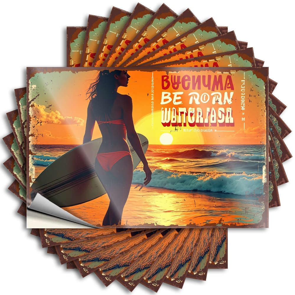 Fzfn Girls Colour Surfing At Sunset With Surfboard. Great Tattoos | Outdoor Pool Decor Waterproof Vinyl Hard Things Removable Decal Peel Stick(8X12cm)